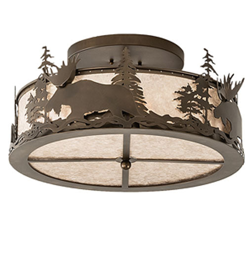 Meyda Lighting Moose at Dusk 24" 4-Light Antique Copper Flush Mount Light With Silver Mica Shade Glass