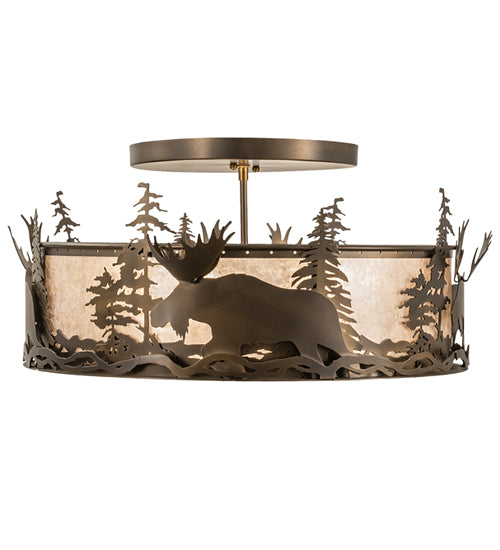 Meyda Lighting Moose at Dusk 24" 4-Light Antique Copper Flush Mount Light With Silver Mica Shade Glass