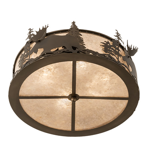 Meyda Lighting Moose at Dusk 24" 4-Light Antique Copper Flush Mount Light With Silver Mica Shade Glass