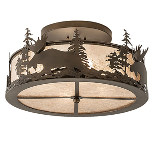 Meyda Lighting Moose at Dusk 24" 4-Light Antique Copper Flush Mount Light With Silver Mica Shade Glass