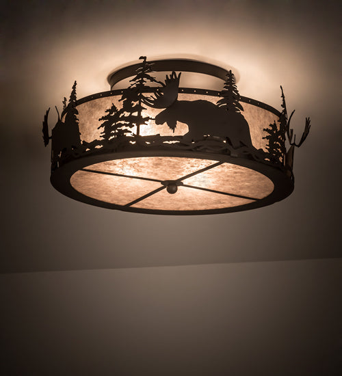 Meyda Lighting Moose at Dusk 24" 4-Light Oil Rubbed Bronze Flush Mount Light With Silver Mica Shade Glass