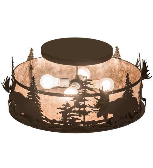 Meyda Lighting Moose at Dusk 24" 4-Light Oil Rubbed Bronze Flush Mount Light With Silver Mica Shade Glass