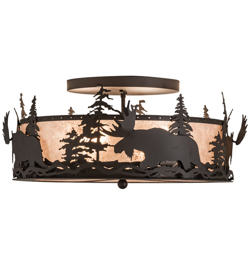 Meyda Lighting Moose at Dusk 24" 4-Light Oil Rubbed Bronze Flush Mount Light With Silver Mica Shade Glass
