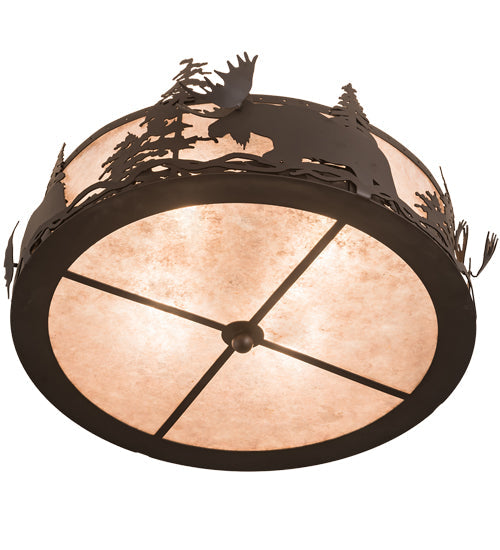Meyda Lighting Moose at Dusk 24" 4-Light Oil Rubbed Bronze Flush Mount Light With Silver Mica Shade Glass