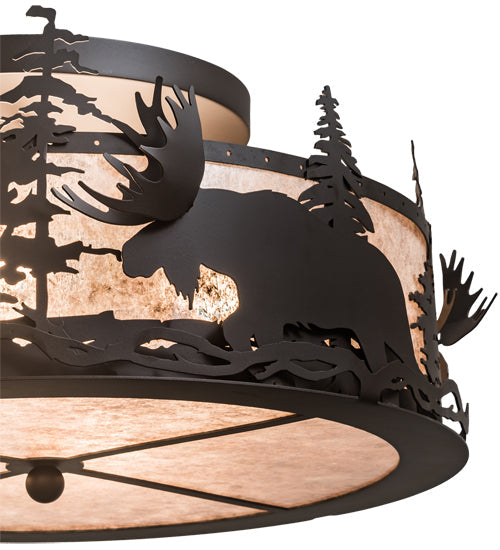Meyda Lighting Moose at Dusk 24" 4-Light Oil Rubbed Bronze Flush Mount Light With Silver Mica Shade Glass