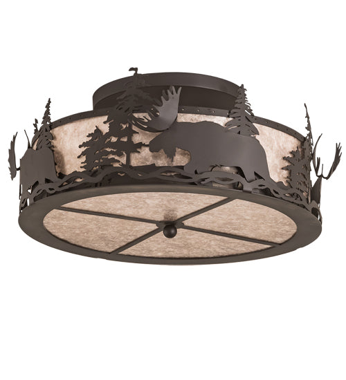 Meyda Lighting Moose at Dusk 24" 4-Light Oil Rubbed Bronze Flush Mount Light With Silver Mica Shade Glass