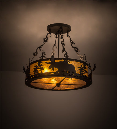 Meyda Lighting Moose at Dusk 24" 4-Light Oil Rubbed Bronze Semi-flush Mount Light With Amber Mica Shade Glass