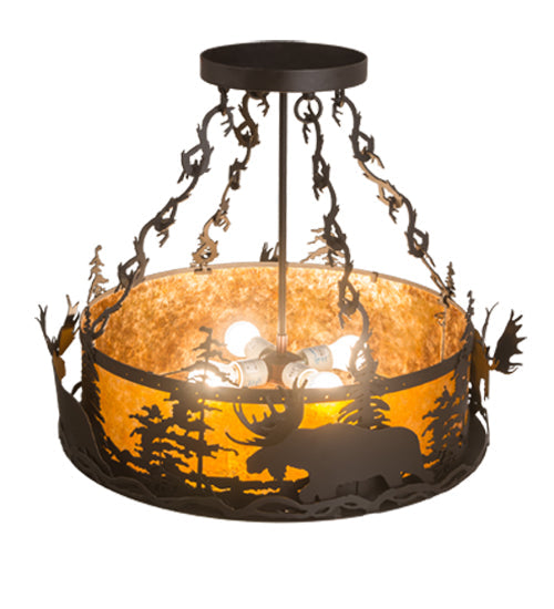 Meyda Lighting Moose at Dusk 24" 4-Light Oil Rubbed Bronze Semi-flush Mount Light With Amber Mica Shade Glass