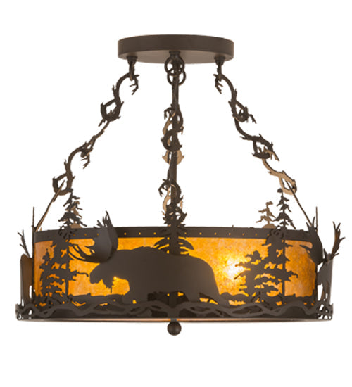 Meyda Lighting Moose at Dusk 24" 4-Light Oil Rubbed Bronze Semi-flush Mount Light With Amber Mica Shade Glass