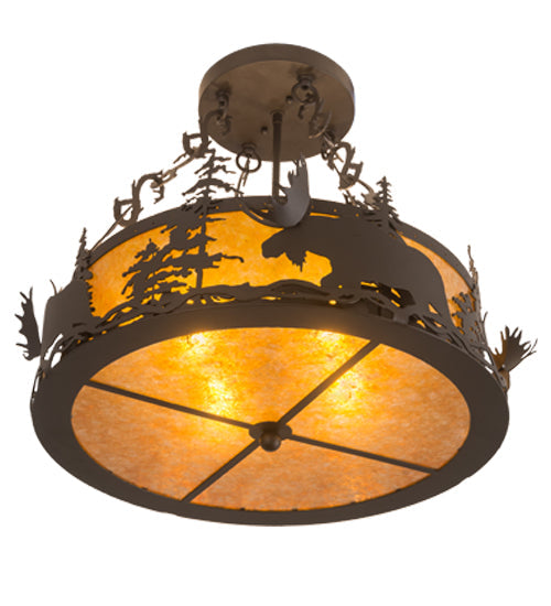 Meyda Lighting Moose at Dusk 24" 4-Light Oil Rubbed Bronze Semi-flush Mount Light With Amber Mica Shade Glass