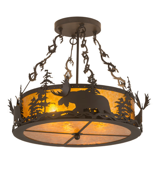Meyda Lighting Moose at Dusk 24" 4-Light Oil Rubbed Bronze Semi-flush Mount Light With Amber Mica Shade Glass