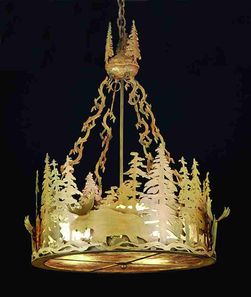 Meyda Lighting Moose at Dusk 24" 4-Light Rust Inverted Pendant Light With Silver Mica Shade Glass