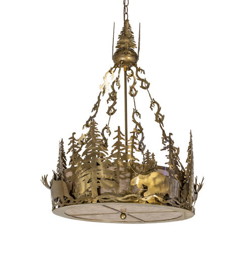 Meyda Lighting Moose at Dusk 26" 4-Light Brass Tint Inverted Pendant Light With Silver Mica Shade Glass