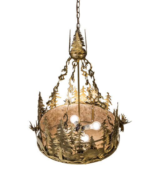 Meyda Lighting Moose at Dusk 26" 4-Light Brass Tint Inverted Pendant Light With Silver Mica Shade Glass