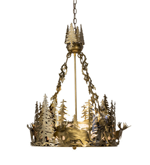 Meyda Lighting Moose at Dusk 26" 4-Light Brass Tint Inverted Pendant Light With Silver Mica Shade Glass