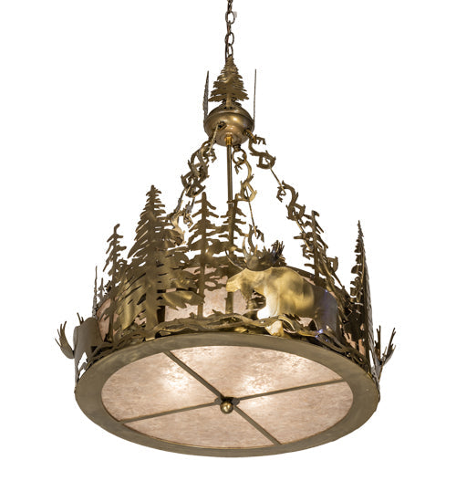 Meyda Lighting Moose at Dusk 26" 4-Light Brass Tint Inverted Pendant Light With Silver Mica Shade Glass