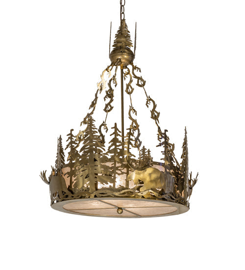 Meyda Lighting Moose at Dusk 26" 4-Light Brass Tint Inverted Pendant Light With Silver Mica Shade Glass