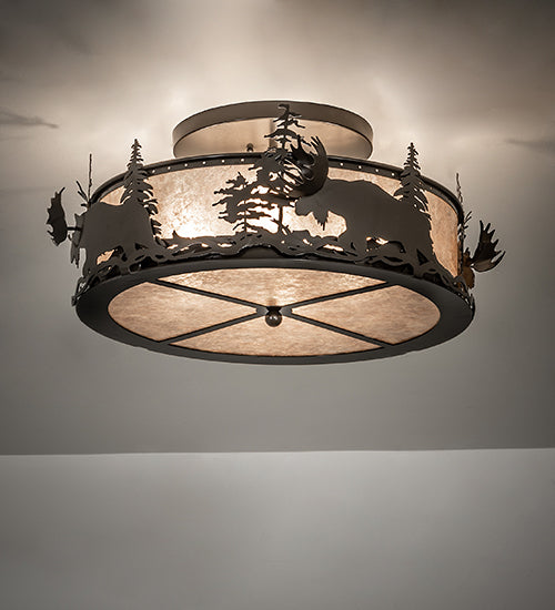 Meyda Lighting Moose at Dusk 26" 4-Light Timeless Bronze Flush Mount Light With Silver Mica Shade Glass