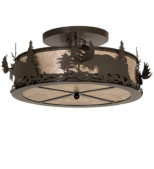 Meyda Lighting Moose at Dusk 26" 4-Light Timeless Bronze Flush Mount Light With Silver Mica Shade Glass