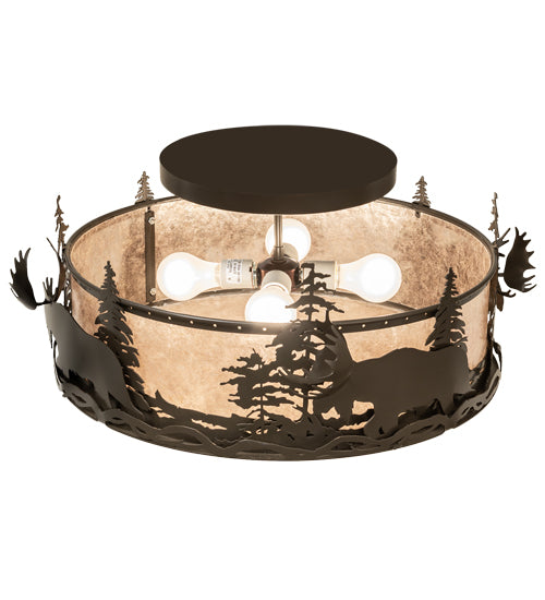 Meyda Lighting Moose at Dusk 26" 4-Light Timeless Bronze Flush Mount Light With Silver Mica Shade Glass