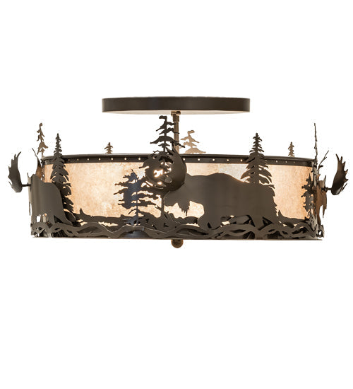 Meyda Lighting Moose at Dusk 26" 4-Light Timeless Bronze Flush Mount Light With Silver Mica Shade Glass