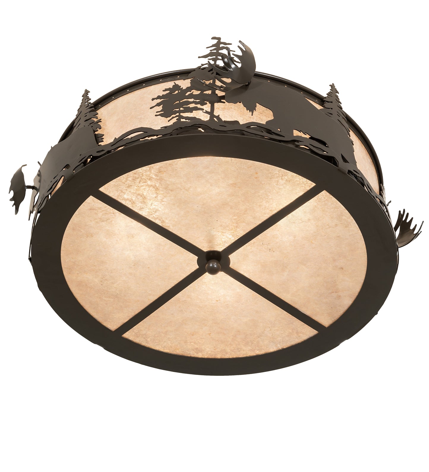Meyda Lighting Moose at Dusk 26" 4-Light Timeless Bronze Flush Mount Light With Silver Mica Shade Glass