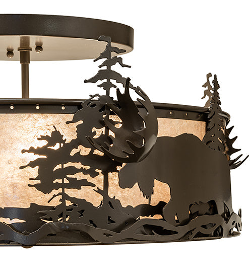 Meyda Lighting Moose at Dusk 26" 4-Light Timeless Bronze Flush Mount Light With Silver Mica Shade Glass