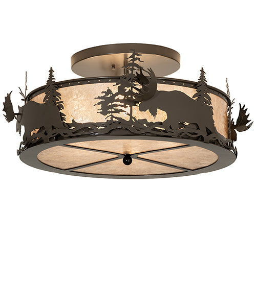 Meyda Lighting Moose at Dusk 26" 4-Light Timeless Bronze Flush Mount Light With Silver Mica Shade Glass