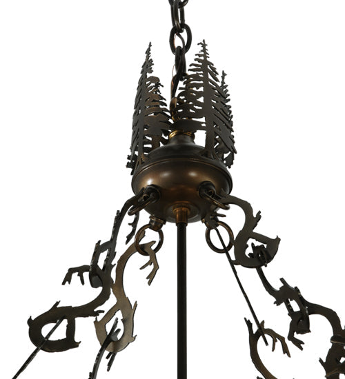 Meyda Lighting Moose at Dusk 31" 4-Light Antique Copper Inverted Pendant Light With Amber Mica Shade Glass