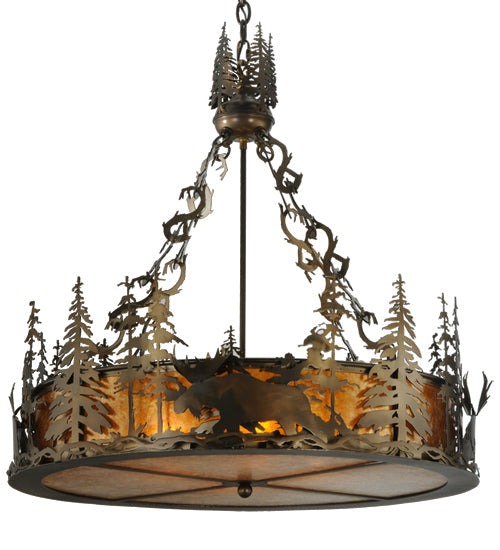 Meyda Lighting Moose at Dusk 31" 4-Light Antique Copper Inverted Pendant Light With Amber Mica Shade Glass