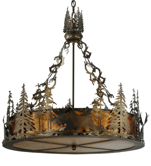 Meyda Lighting Moose at Dusk 31" 4-Light Antique Copper Inverted Pendant Light With Amber Mica Shade Glass