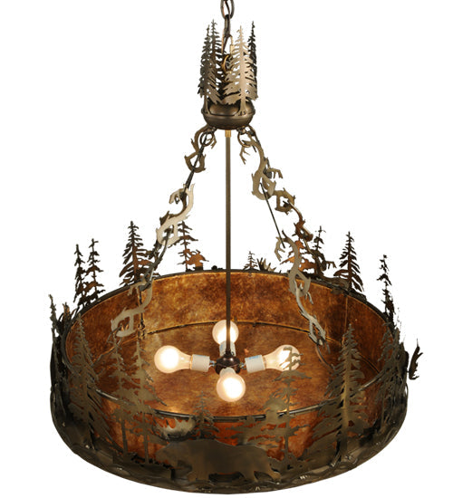 Meyda Lighting Moose at Dusk 31" 4-Light Antique Copper Inverted Pendant Light With Amber Mica Shade Glass