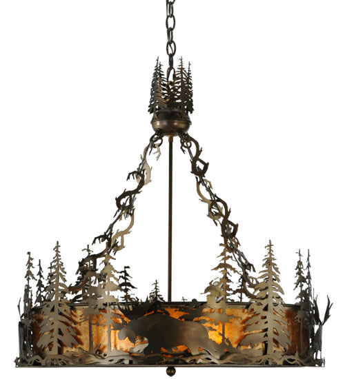 Meyda Lighting Moose at Dusk 31" 4-Light Antique Copper Inverted Pendant Light With Amber Mica Shade Glass