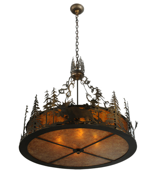 Meyda Lighting Moose at Dusk 31" 4-Light Antique Copper Inverted Pendant Light With Amber Mica Shade Glass