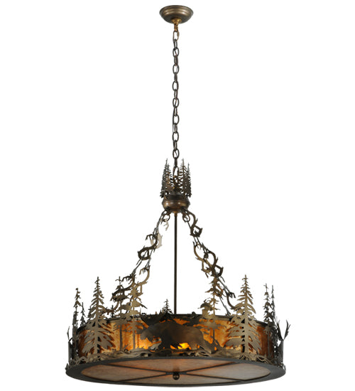 Meyda Lighting Moose at Dusk 31" 4-Light Antique Copper Inverted Pendant Light With Amber Mica Shade Glass
