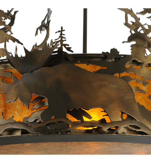 Meyda Lighting Moose at Dusk 31" 4-Light Antique Copper Inverted Pendant Light With Amber Mica Shade Glass
