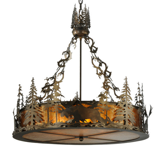 Meyda Lighting Moose at Dusk 31" 4-Light Antique Copper Inverted Pendant Light With Amber Mica Shade Glass