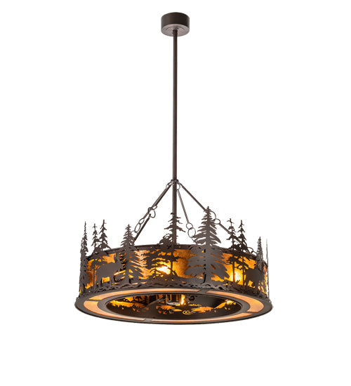 Meyda Lighting Moose at Dusk 45" 12-Light Mahogany Bronze Chandelier With Amber Mica Shade Glass and Fan