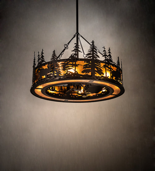 Meyda Lighting Moose at Dusk 45" 12-Light Mahogany Bronze Chandelier With Amber Mica Shade Glass and Fan