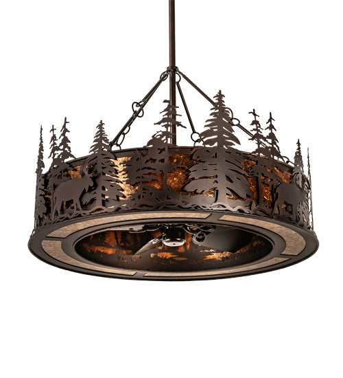 Meyda Lighting Moose at Dusk 45" 12-Light Mahogany Bronze Chandelier With Amber Mica Shade Glass and Fan