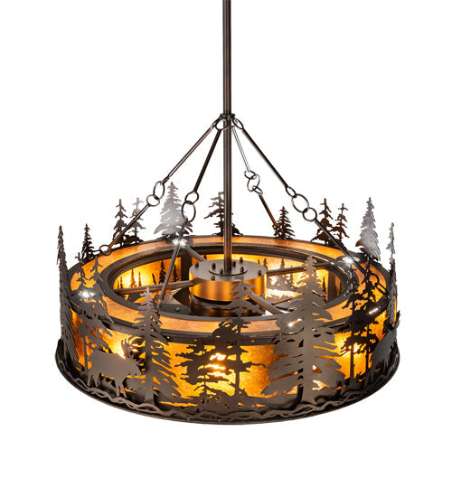 Meyda Lighting Moose at Dusk 45" 12-Light Mahogany Bronze Chandelier With Amber Mica Shade Glass and Fan