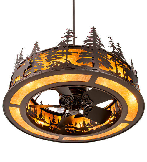 Meyda Lighting Moose at Dusk 45" 12-Light Mahogany Bronze Chandelier With Amber Mica Shade Glass and Fan