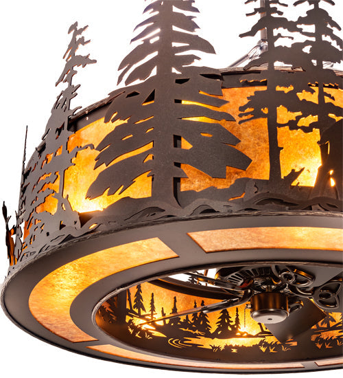 Meyda Lighting Moose at Dusk 45" 12-Light Mahogany Bronze Chandelier With Amber Mica Shade Glass and Fan