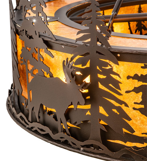 Meyda Lighting Moose at Dusk 45" 12-Light Mahogany Bronze Chandelier With Amber Mica Shade Glass and Fan