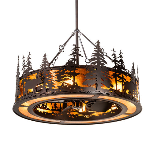 Meyda Lighting Moose at Dusk 45" 12-Light Mahogany Bronze Chandelier With Amber Mica Shade Glass and Fan