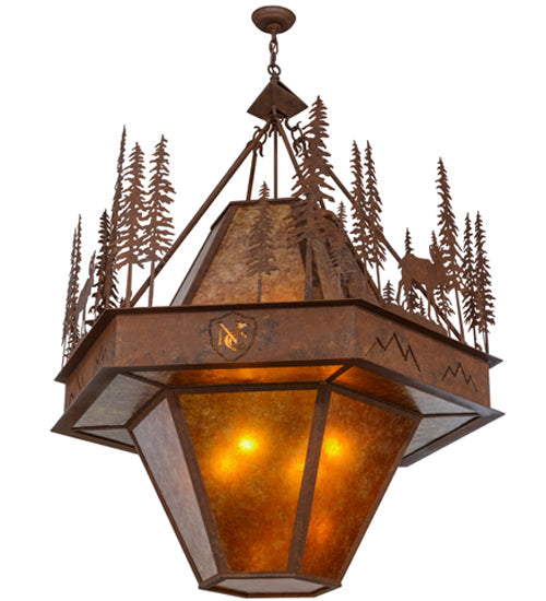 Meyda Lighting Moose at Dusk 49" 8-Light Rust Pendant Light With White Amber Mica Shade Glass