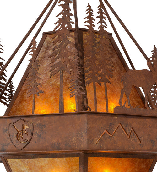 Meyda Lighting Moose at Dusk 49" 8-Light Rust Pendant Light With White Amber Mica Shade Glass