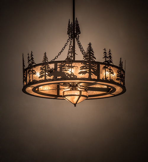 Meyda Lighting Moose at Dusk 54" 19-Light Mahogany Bronze Chandelier With Silver Mica Shade Glass and Fan