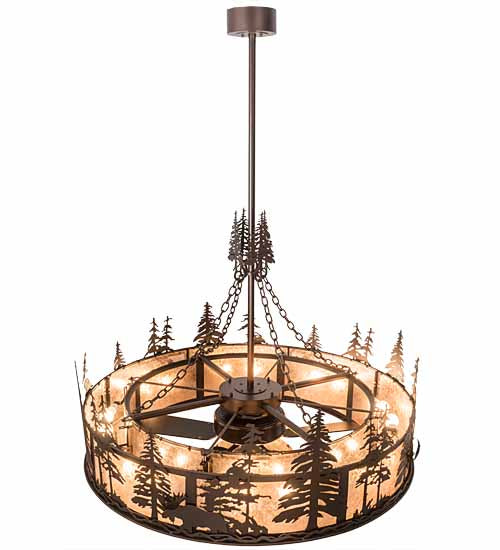 Meyda Lighting Moose at Dusk 54" 19-Light Mahogany Bronze Chandelier With Silver Mica Shade Glass and Fan