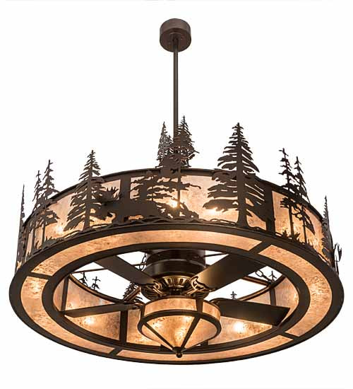 Meyda Lighting Moose at Dusk 54" 19-Light Mahogany Bronze Chandelier With Silver Mica Shade Glass and Fan